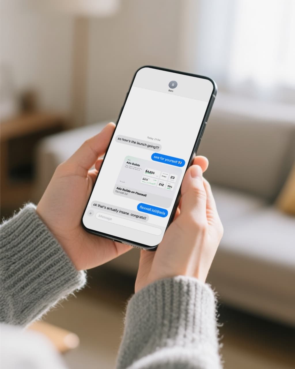 Hands holding a phone with a message thread where a Flexwall link unfolds into a card