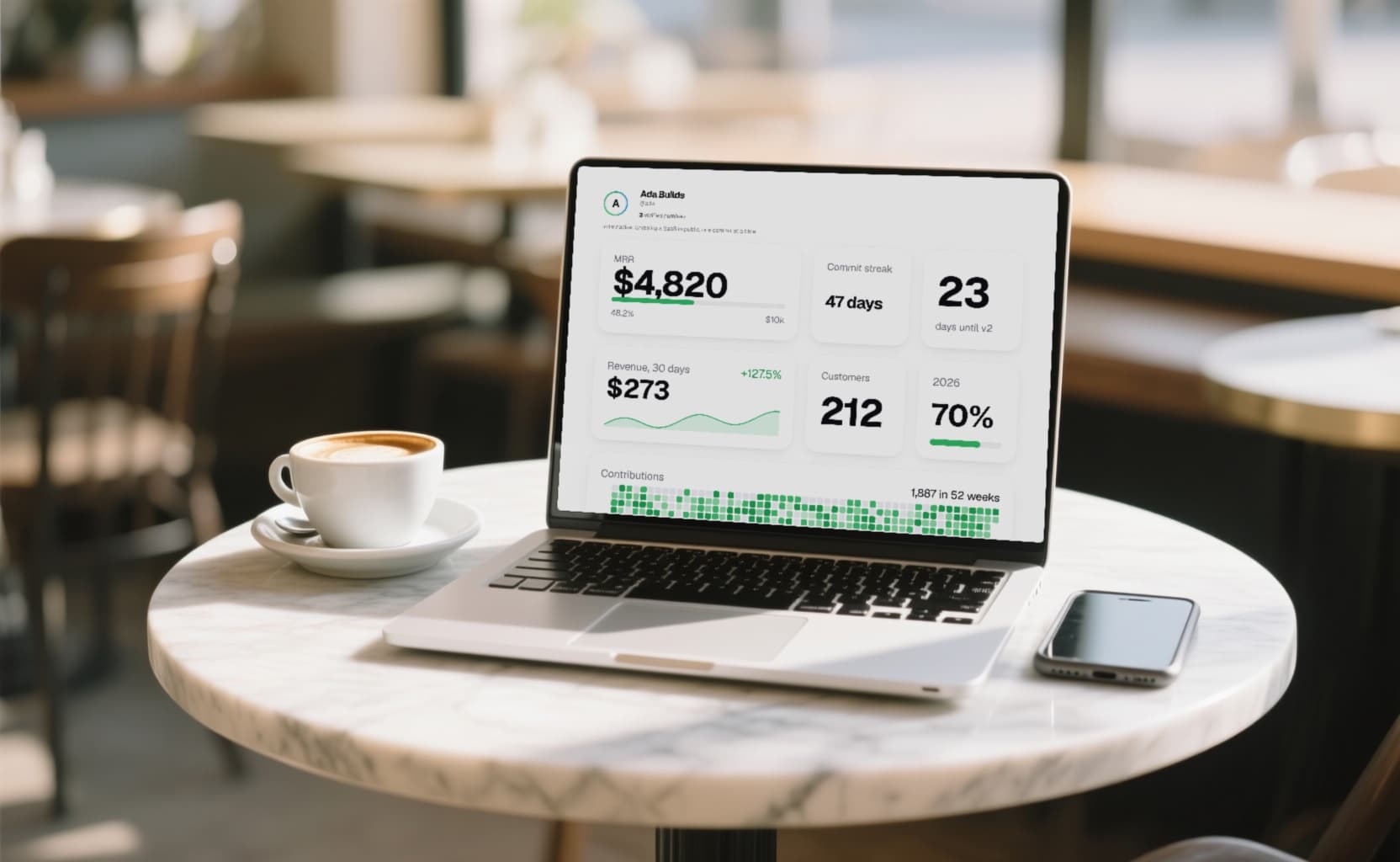 A laptop on a café table showing a Flexwall page with revenue, customers and a streak