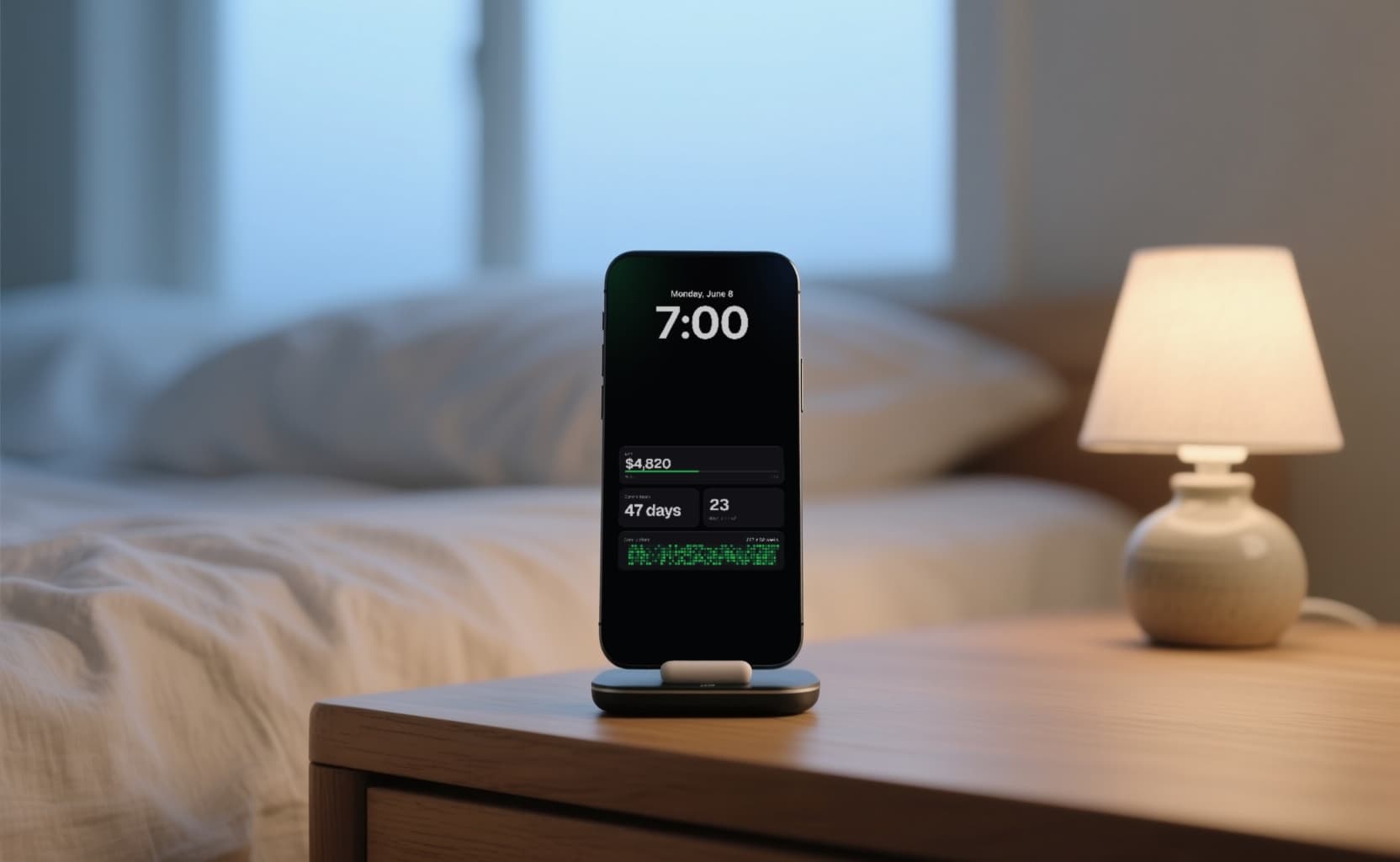 An iPhone on a bedside table at dawn, its lock screen showing MRR, a commit streak and a contributions graph